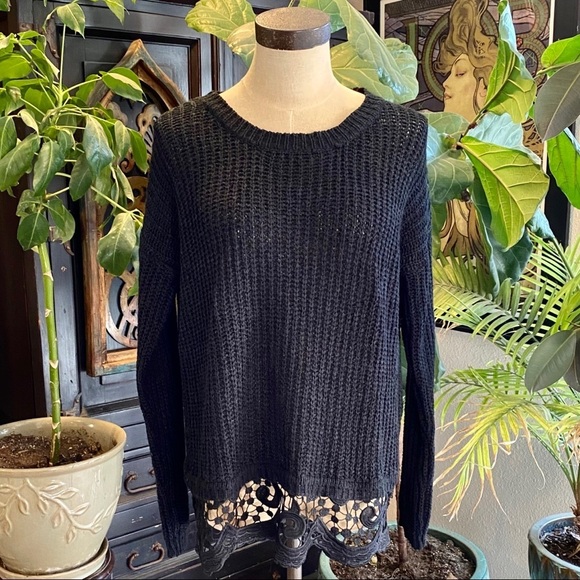 Anthropologie laced trim chain knit shaker sweater - Picture 2 of 13